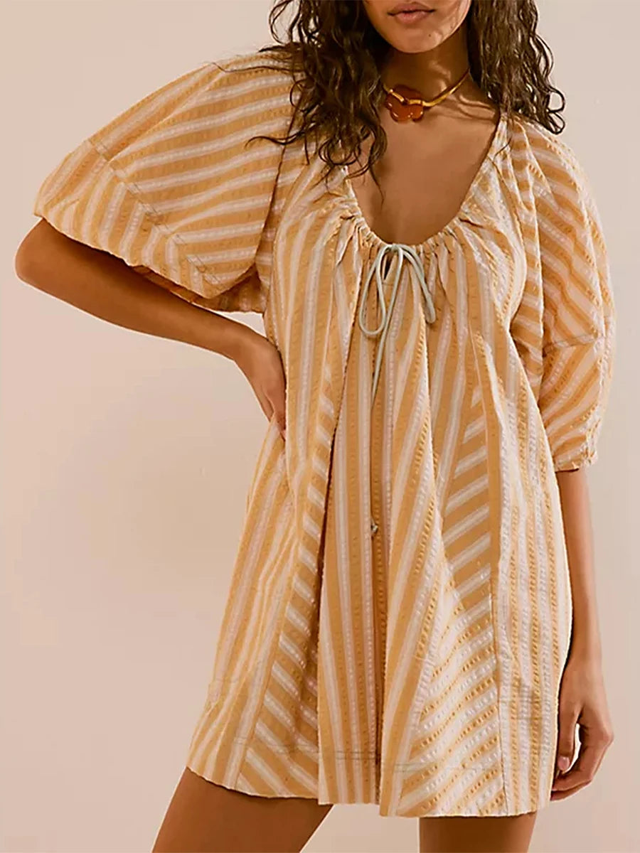 Y2k Rompers Sexy Loose Puff Sleeve V Neck Striped Jumpsuits Shorts Overalls Dress