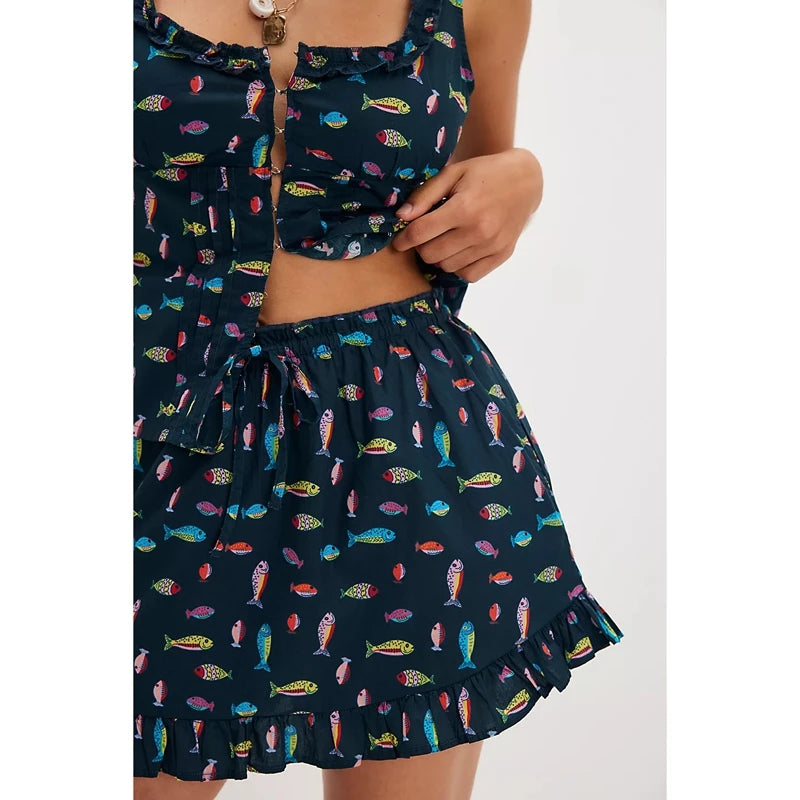 Floral Summer Two Piece Set With Frill Trim Square Neck Tank Top And Drawstring Ruffle Skirt