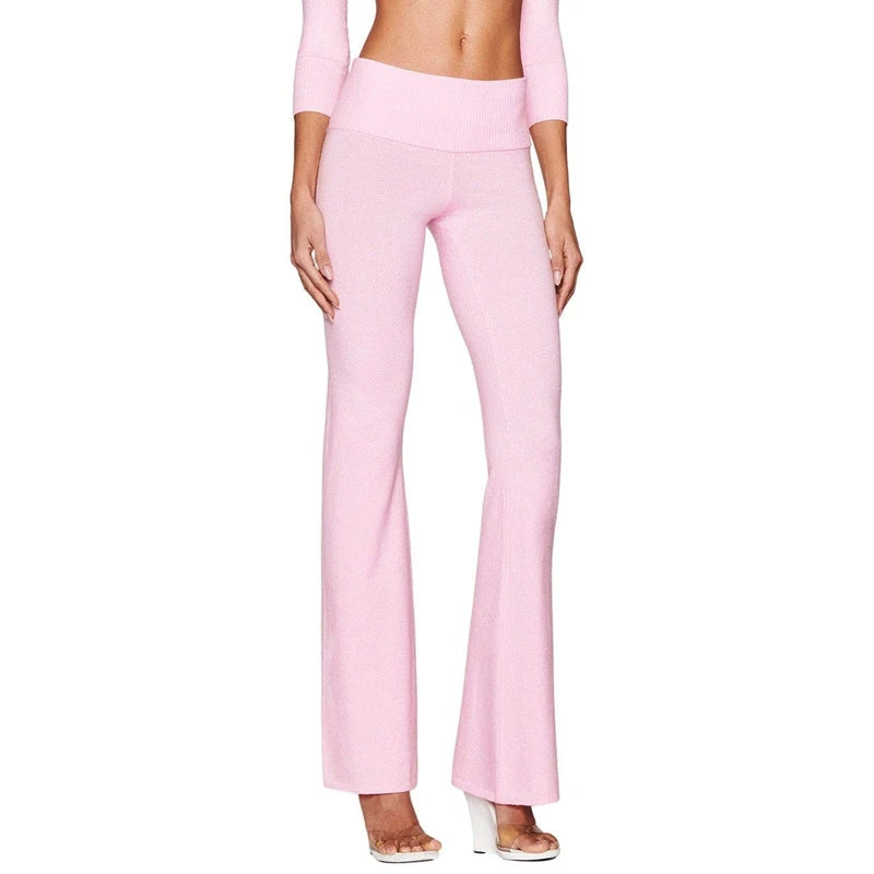 Boutique Knit Flared Pants With Elastic Waist And Back Bow Detail Slim Fit Trousers