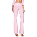 Boutique Knit Flared Pants With Elastic Waist And Back Bow Detail Slim Fit Trousers