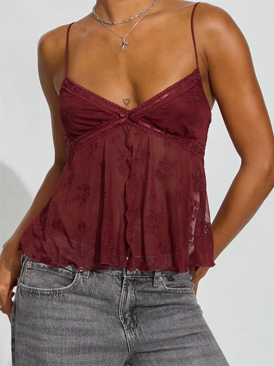 Sunny Day Floral Embroidered Mesh Cami Top With V Neck And Lace Trim