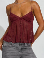 Sunny Day Floral Embroidered Mesh Cami Top With V Neck And Lace Trim