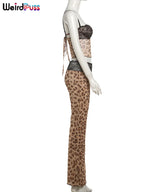 Patchwork Mesh Set With Leopard Print Skinny Pants Sexy Sleeveless Crop Top Street Style
