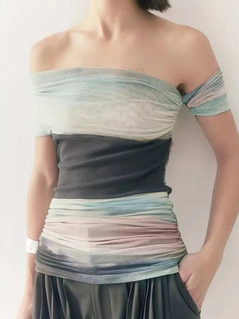 Bold Tie Dye Mesh Crop Top With Slash Neck And Patchwork