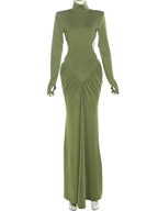 Peach Backless Maxi Dress With Waistless Silhouette And Ruched Elegance