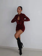 Sexy Lace Mini Dress With Sheer Panels Hollow Out Details Turtleneck Flare Sleeves Bodycon Style