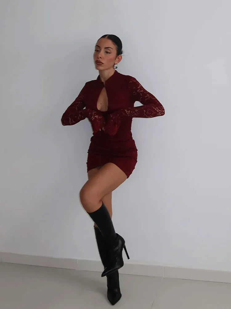 Sexy Lace Mini Dress With Sheer Panels Hollow Out Details Turtleneck Flare Sleeves Bodycon Style