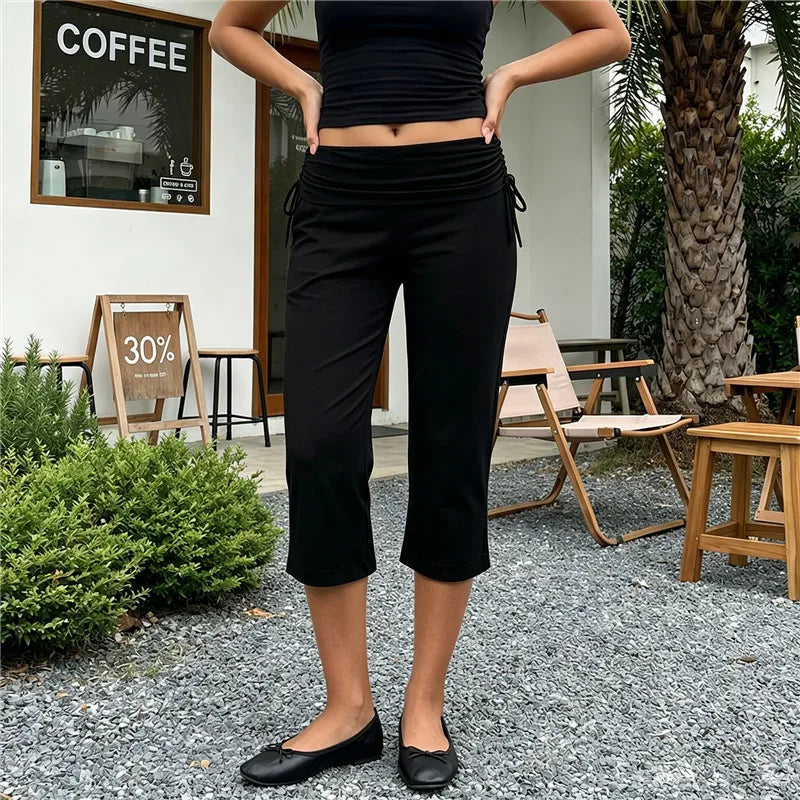 High-Waist Capri Pants With Fold-Over Waist Adjustable Drawstring Tie Detail