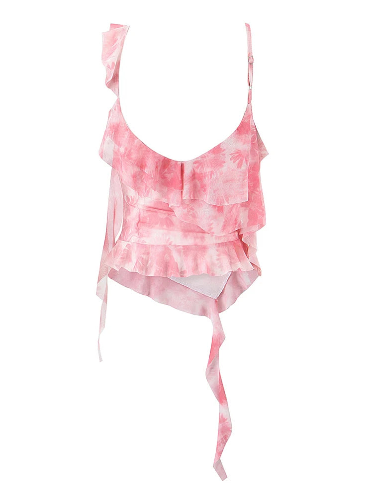 Vintage Print Asymmetrical Mesh Slim Backless Camisole
