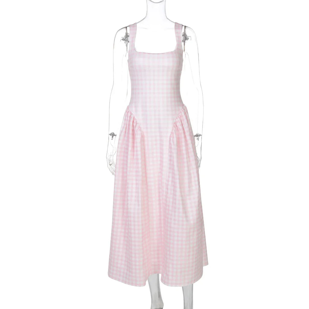 Gingham Square Neck A-Line Midi Dress With Pockets