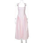 Gingham Square Neck A-Line Midi Dress With Pockets