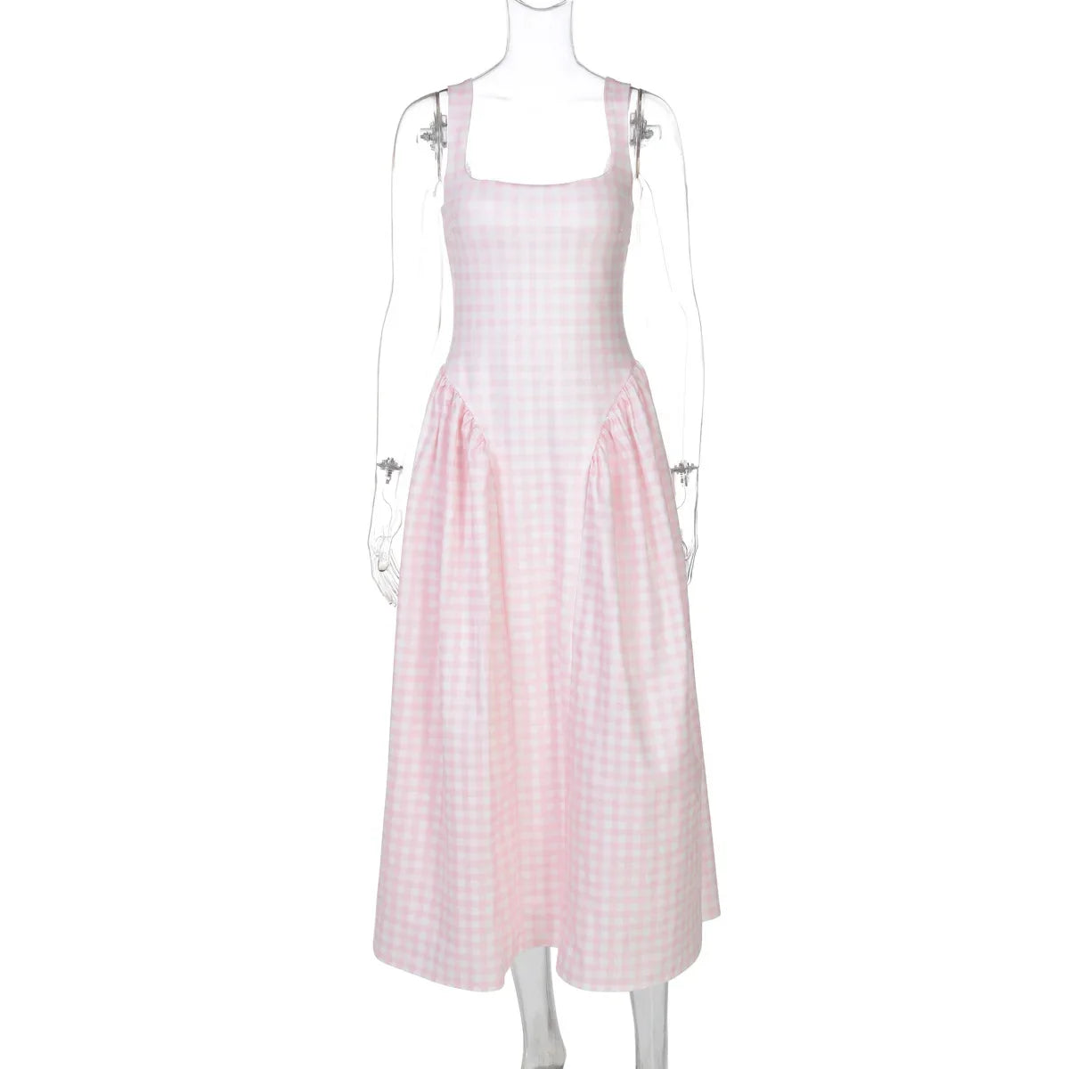 Gingham Square Neck A-Line Midi Dress With Pockets