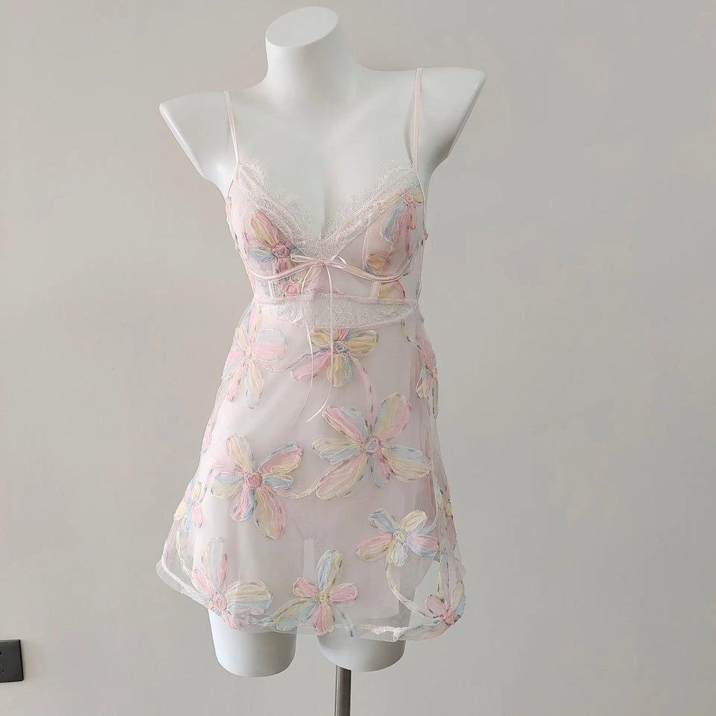 Delicate Lolita Sleepwear Nightdress Set With Flower Lace Mesh And Suspender Details