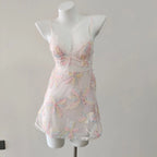 Delicate Lolita Sleepwear Nightdress Set With Flower Lace Mesh And Suspender Details