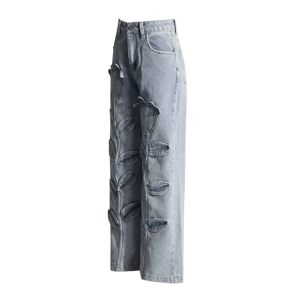 Floral Design Sense Casual Denim Trousers For Women High Waist Spliced Button  Loose Wide Leg Pants