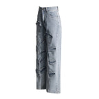 Floral Design Sense Casual Denim Trousers For Women High Waist Spliced Button  Loose Wide Leg Pants