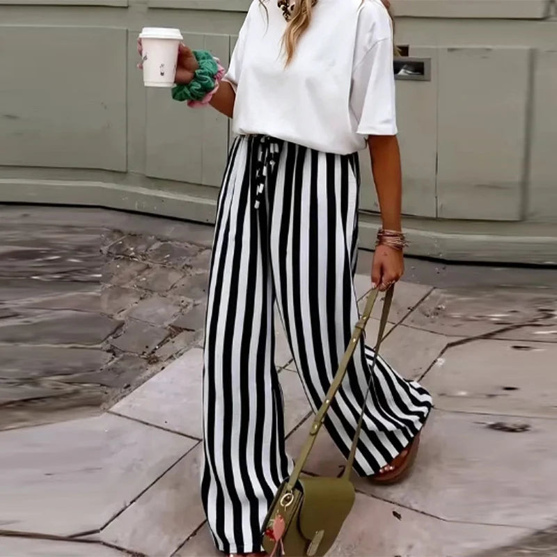 Relaxed Striped Pants For Women With Elastic Waist And Lace Up Detail Wide Leg Straight Trousers