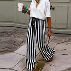 Relaxed Striped Pants For Women With Elastic Waist And Lace Up Detail Wide Leg Straight Trousers