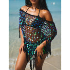 Crochet Beach Cover Up For Women Lightweight Triangle Tassel Hem Sequins Off Shoulder Poncho