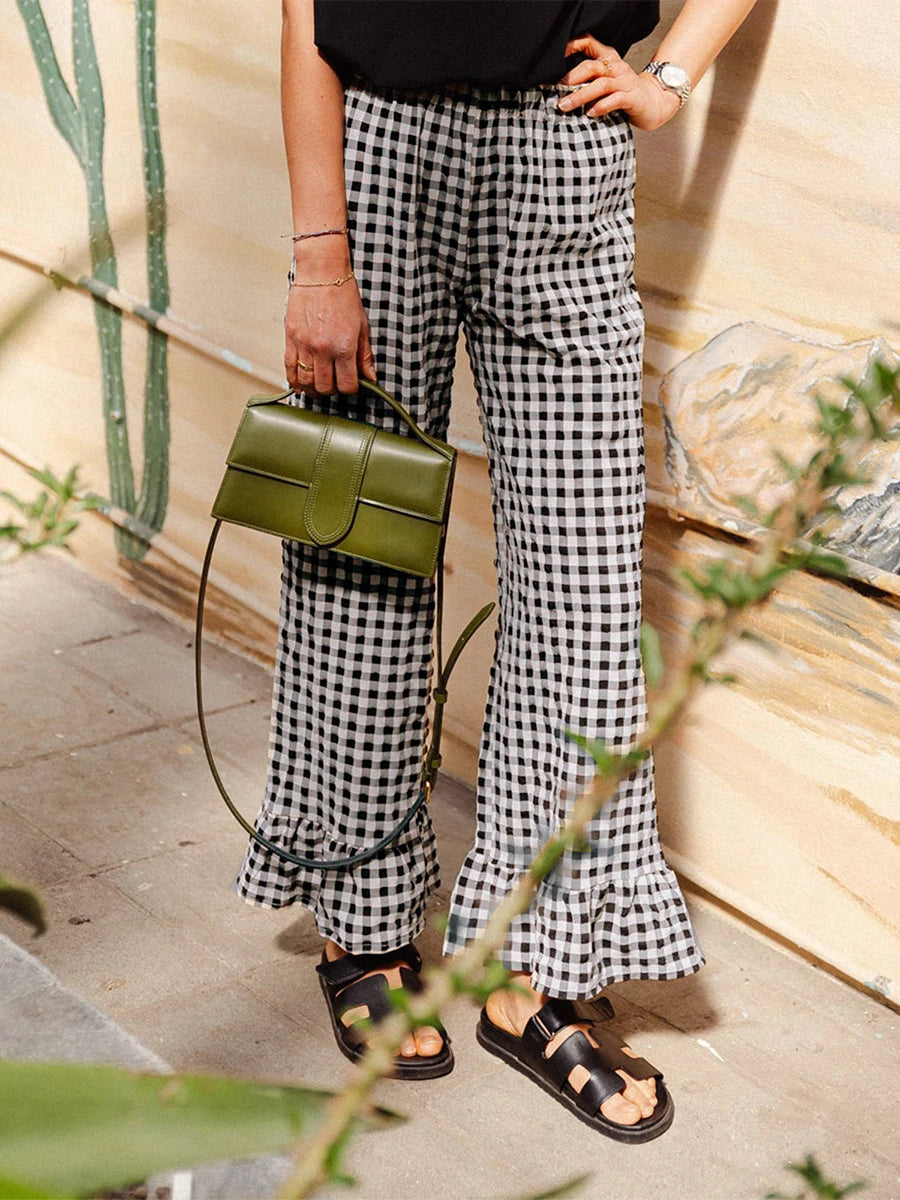 Fashion Women’s Y2k Plaid Wide Leg Pants Gingham Ruffled Hem Elastic Waistband Loose Casual Trousers