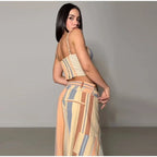 Chic Strips Pants Women Set Patchwork Slash Neck Bandage Top Pleated Asymmetry Trousers