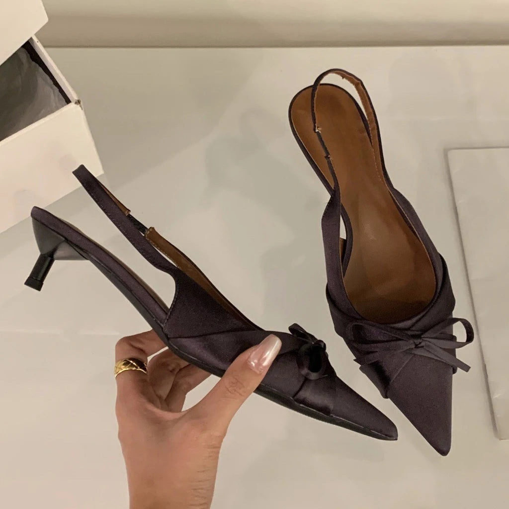 Bowtie Silk Sandals With Pointed Toe And Slim Slingback Heels