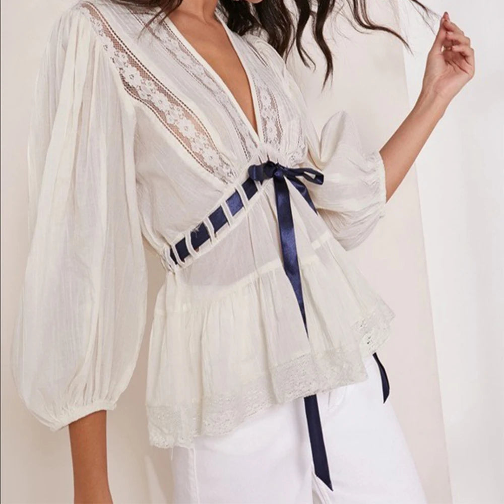 Bow Tie Front Blouse With Long Puff Sleeves V Neck Babydoll Peplum Ruffle Pleats