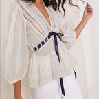 Bow Tie Front Blouse With Long Puff Sleeves V Neck Babydoll Peplum Ruffle Pleats