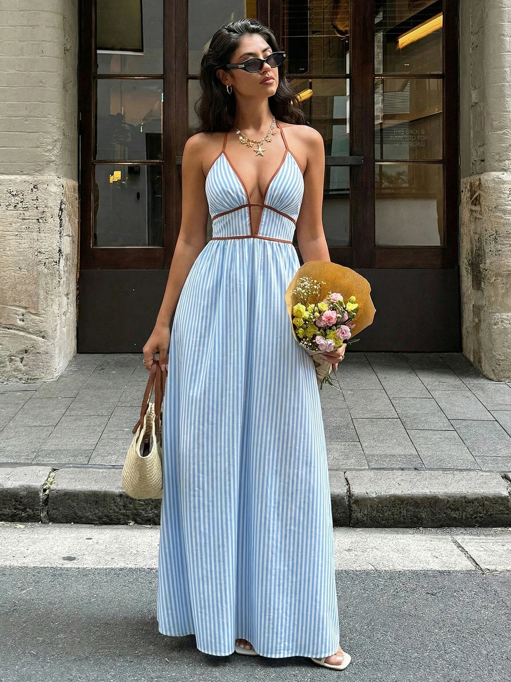 Sea Breeze Striped Deep V Beach Dress With Backless Sleeveless Maxi