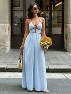 Sea Breeze Striped Deep V Beach Dress With Backless Sleeveless Maxi
