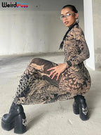 Mesh Print Maxi Bodycon Dress With Turtleneck And Long Sleeves