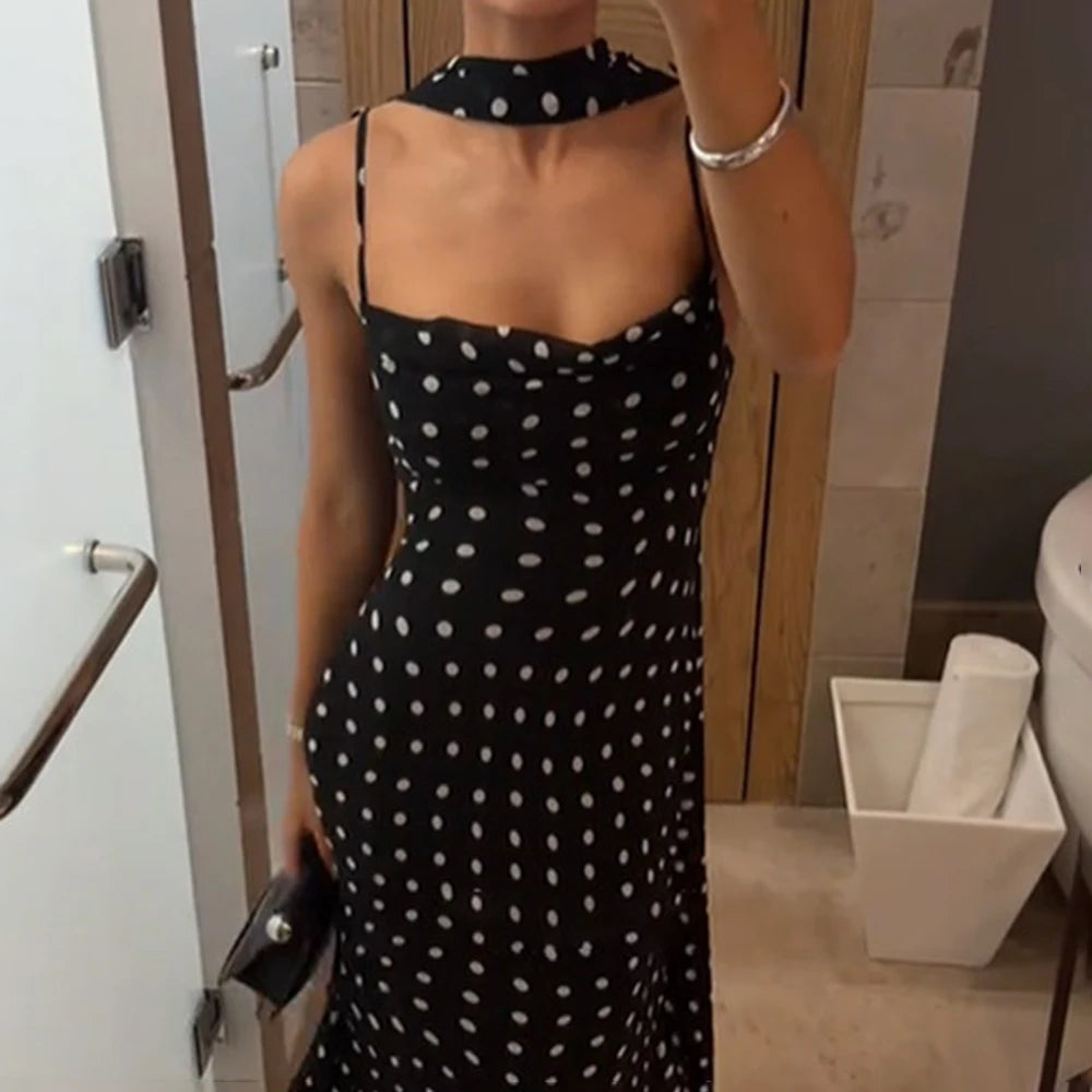 Elegant Polka Dot Halter Sleeveless Maxi Dress With Pleated Skirt And Ribbon Scarf