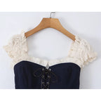Women's Navy Blue Bustier Blouse With White Patchwork Lace-Up Front