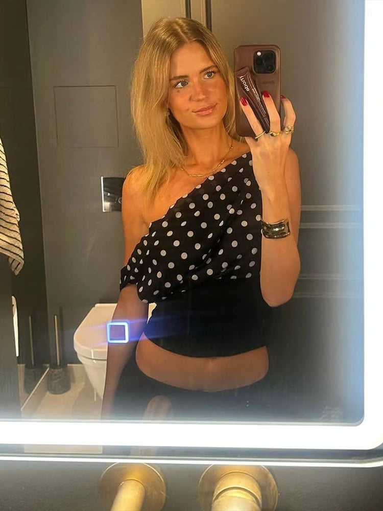 Polka Dot Off Shoulder Crop Top With Skew Collar And Ruched Backless