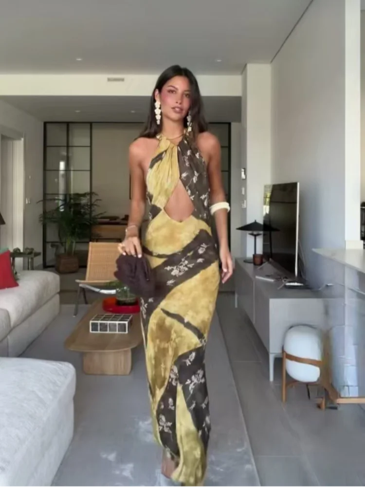 Sunny Yellow Floral Halter Maxi With Openwork Waist Vintage