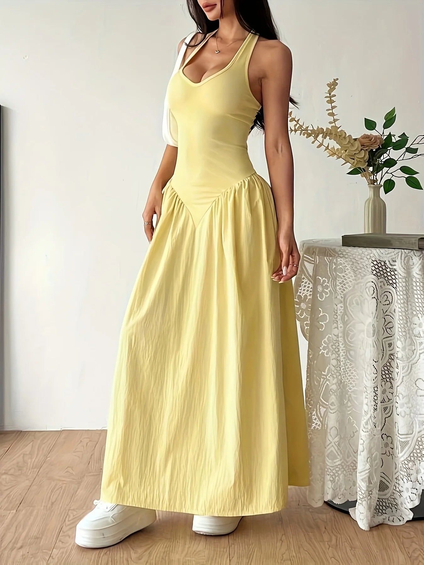 Yellow Halter Neck Maxi Dress Sleeveless Backless V Neck A Line