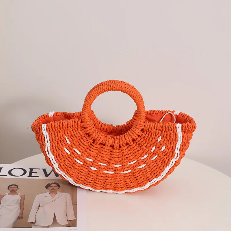 Handmade Watermelon Tangerine Straw Crossbody Bag For Women Boho Fruit Themed Shoulder Tote