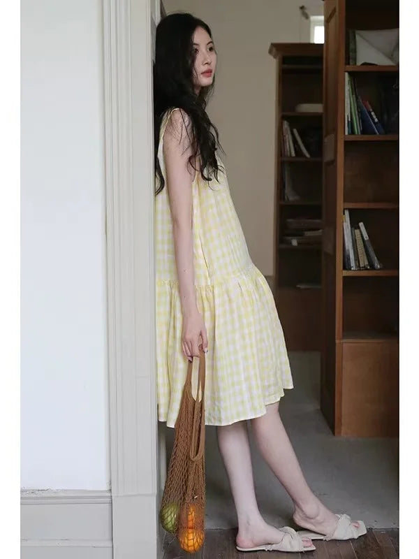 Sunny Plaid Cotton Dress Sleeveless Round Neck Vacation Dress