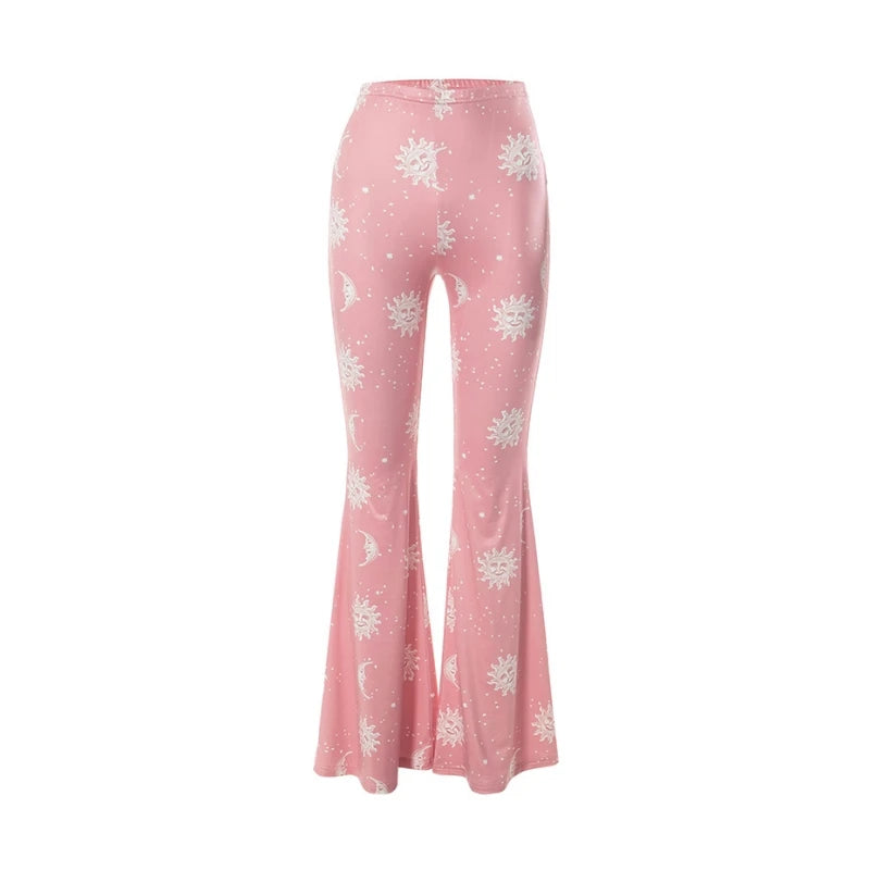 Vibrant Pink Patchwork Flared Pants With Elastic Waist And Wide Leg Streetwear Abstract Print