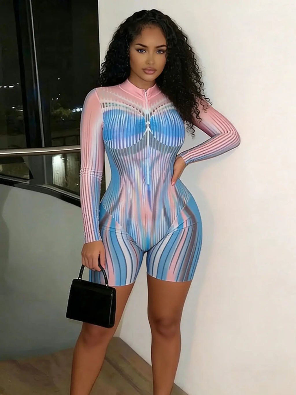 Colorful Striped Romper With Zip Front And Long Sleeves Patchwork