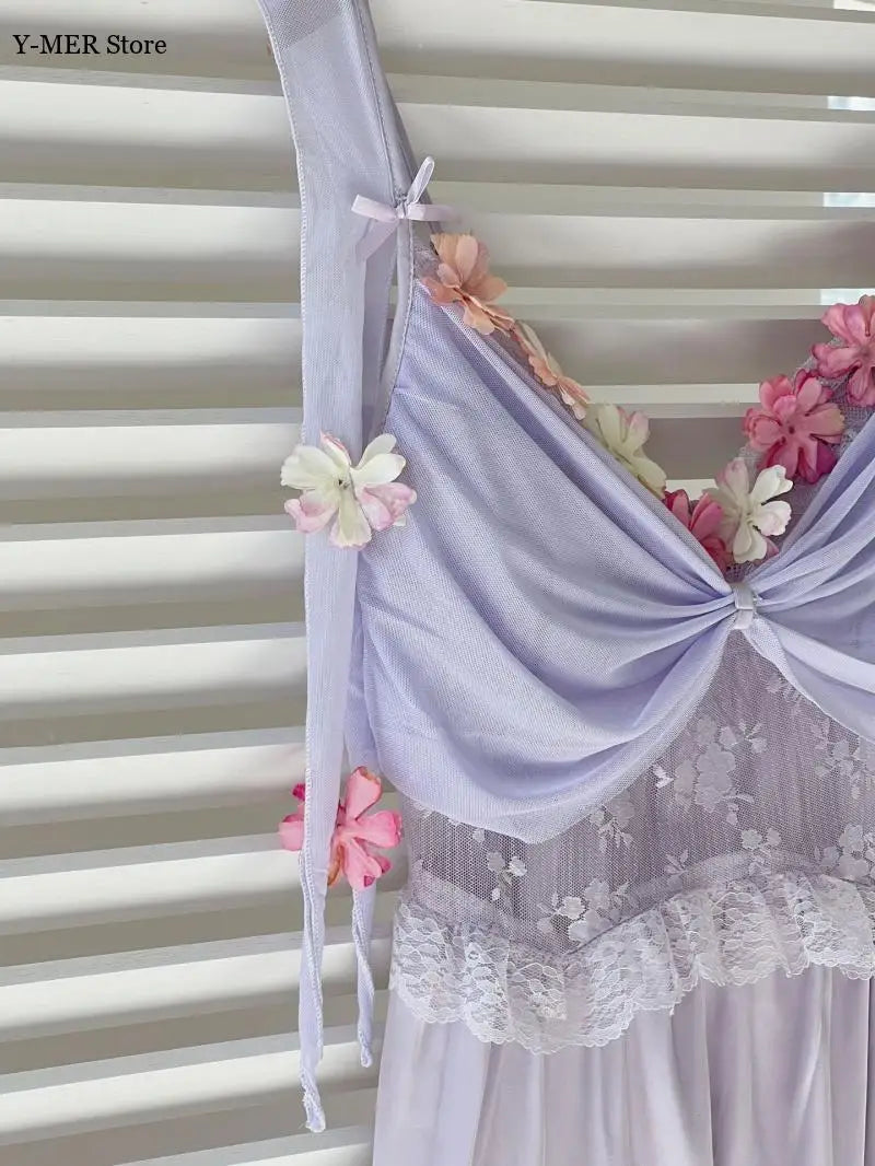 Satin Nightgown Women Fairy Princess Style Nightdress Sexy Flower Trim Sleepwear