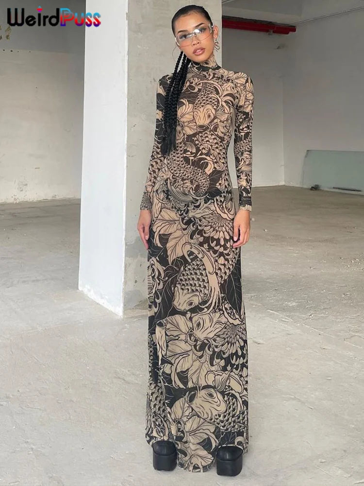 Mesh Print Maxi Bodycon Dress With Turtleneck And Long Sleeves