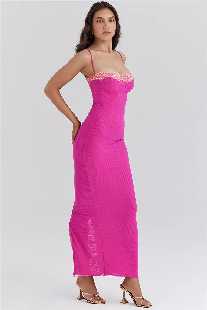 Lace Spaghetti Strap Bodycon Maxi Dress With Patchwork Backless