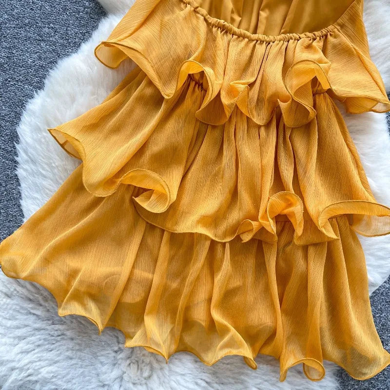 Cascading Ruffles Lace Up Halter Backless Dress