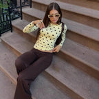Yellow Dot Print O Neck Long Sleeve Tee Slim Fit Retro Streetwear