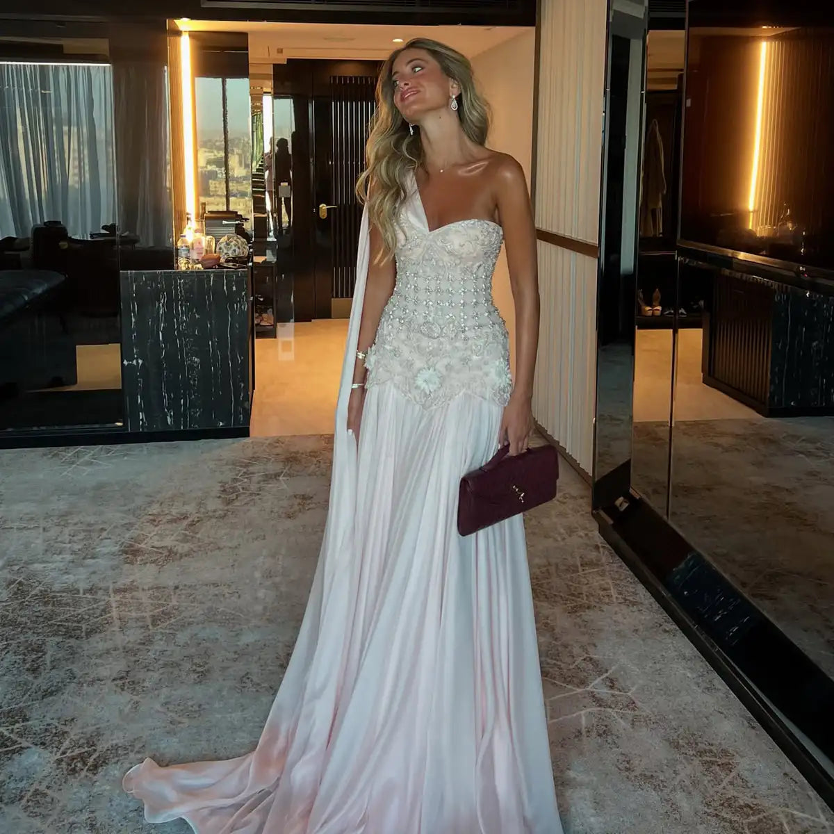 Elegant Sleeveless Pleated Beaded Evening Gown With High Neck Ankle Length Party Dress