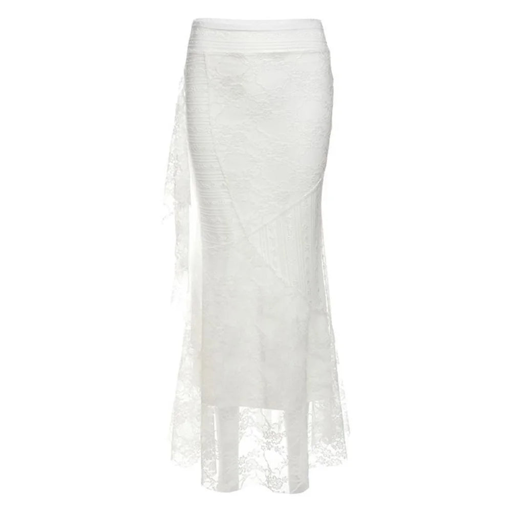 Patchwork Lace Pleated Skirt With High Waist Irregular Hem Cream Ruched Elegance