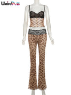 Patchwork Mesh Set With Leopard Print Skinny Pants Sexy Sleeveless Crop Top Street Style