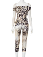 Leopard Print Two Piece Set For Women Slash Neck Backless Top And Hip Crop Pants