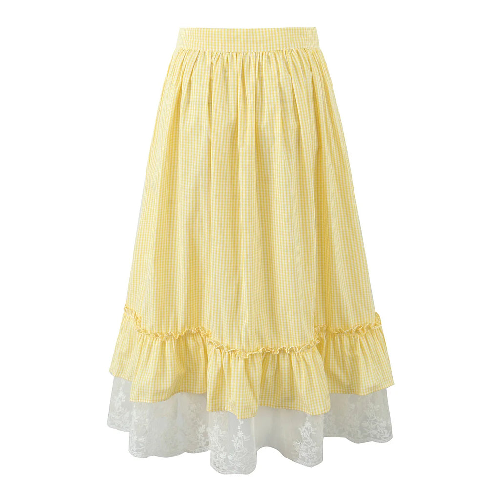 Yellow Gingham Lace Top And Skirt Set Vintage